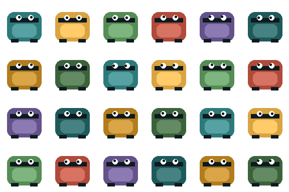 24-creature sprite atlas — 6 columns by 4 rows of pixel-art creatures with varied colors and gaze directions
