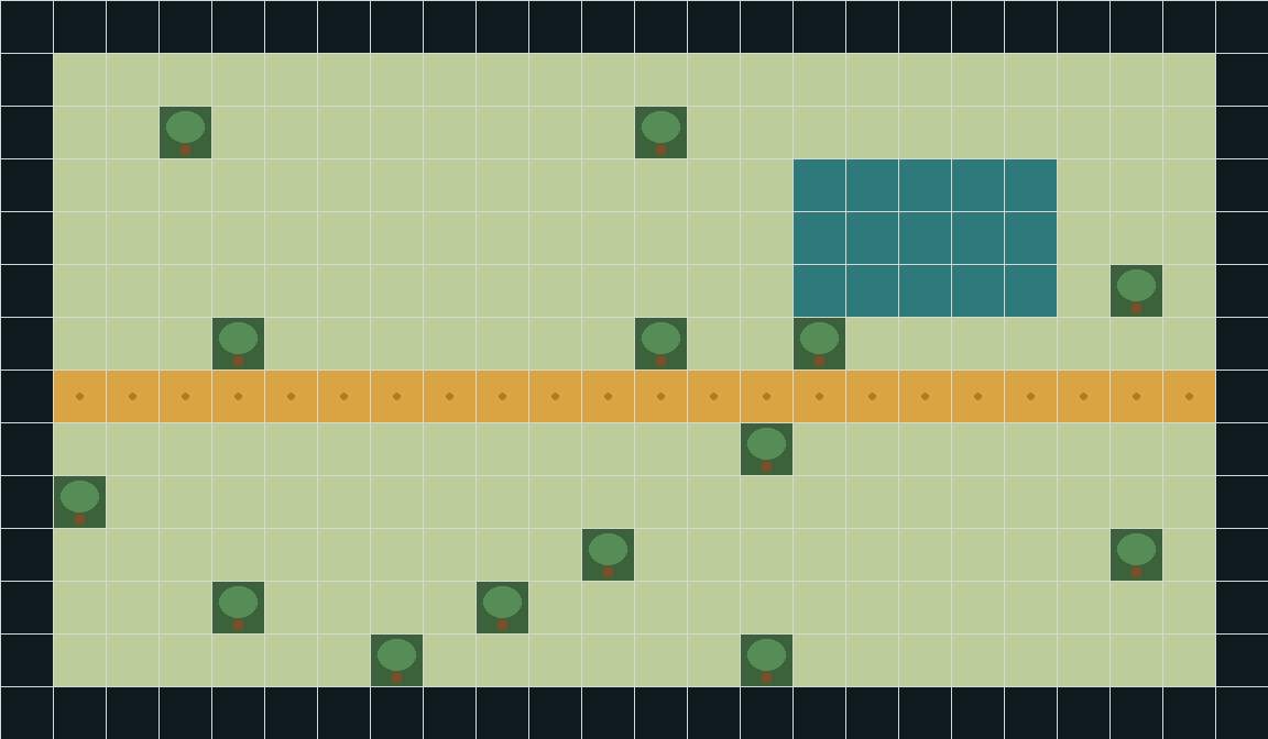 24 by 14 tilemap with grass, paths, trees and a water pond, used as the Solar 2D scene background