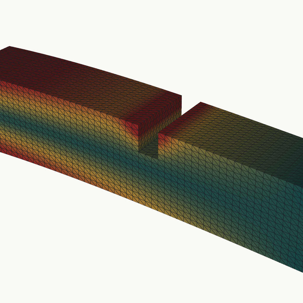 Notched cantilever beam, mesh visible, warped by displacement and colored by von Mises stress